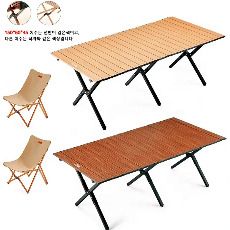 Outdoor camping beach folding tables and chairs wood grain carbon steel wild dining table portable folding butterfly chair