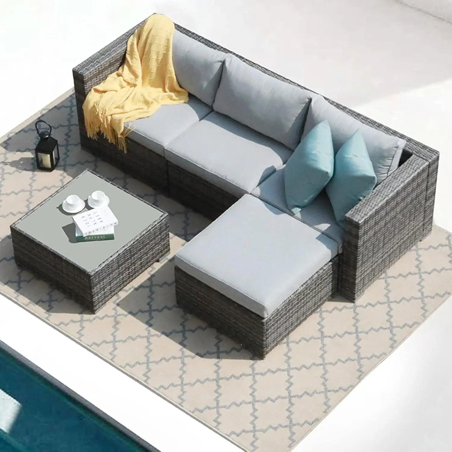 5 Piece Outdoor Patio Furniture Set, Sectional Conversation All-Weather Grey PE Wicker w/Light Cushions