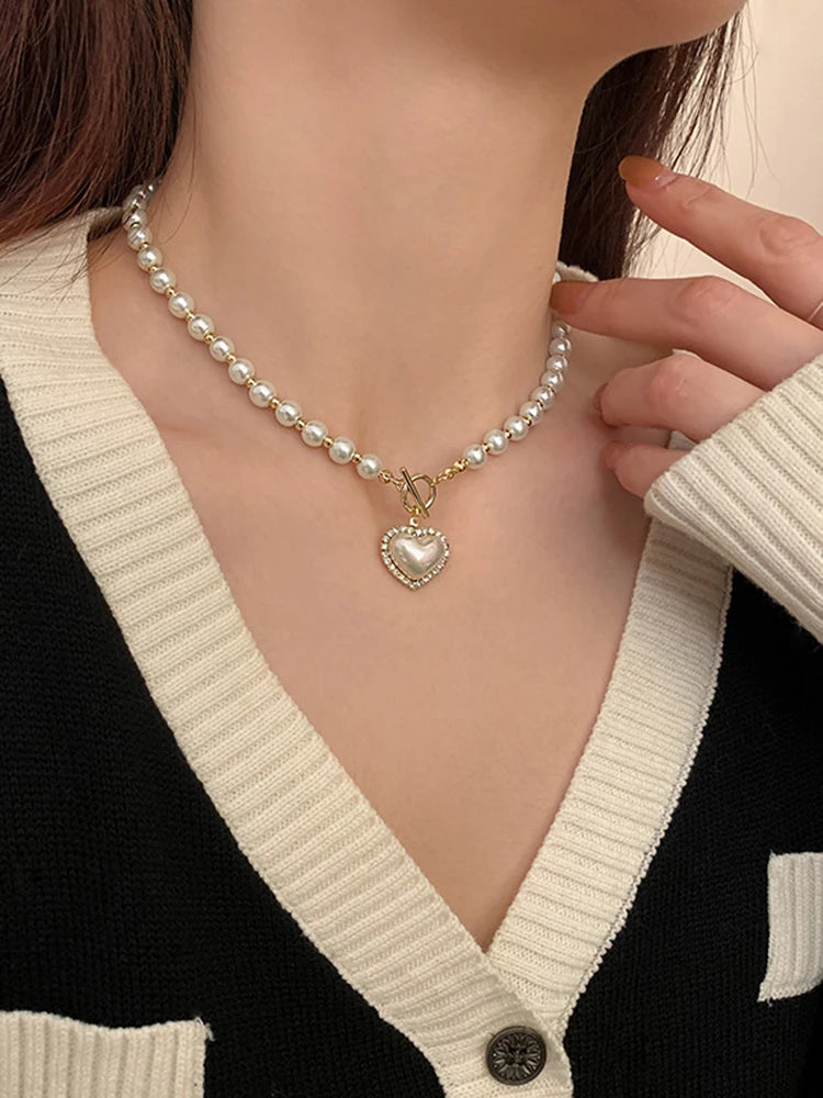 Elegant Pearl Necklace For Women Heart Pendant Necklaces Luxury Imitation Pearls Chain Necklaces Korean Jewelry Girls Gifts