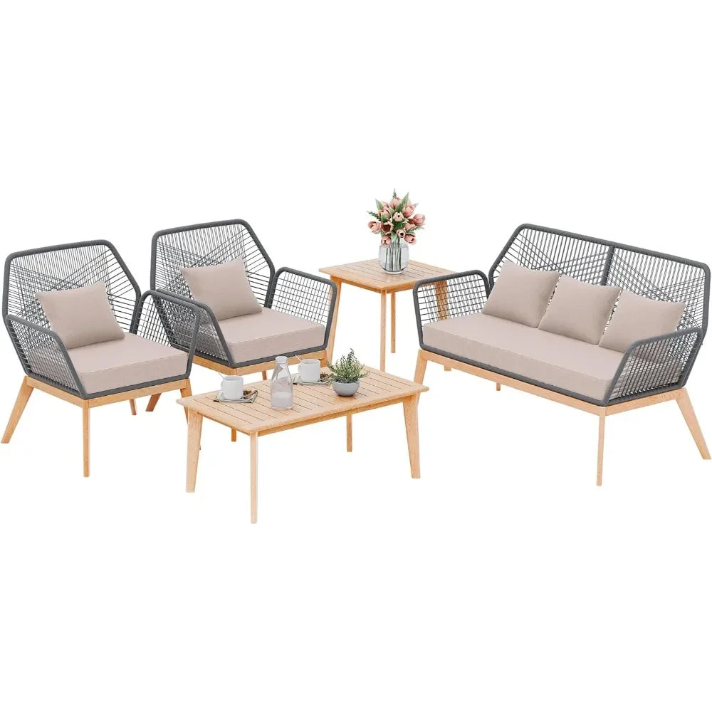 Outdoor Patio Furniture Set, 5 Pieces Indoor Rope Woven Sectional Sofa Set Modern Oak Patio Conversation Sets with Wooden Table