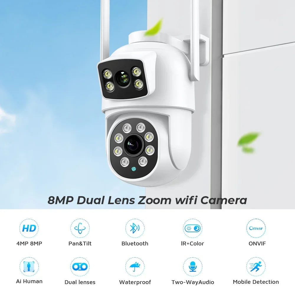 Outdoor Wireless Security IP Camera 4K 8MP HD Dual Lens External Wifi PTZ Camera Auto Tracking Street Surveillance Camera iCsee