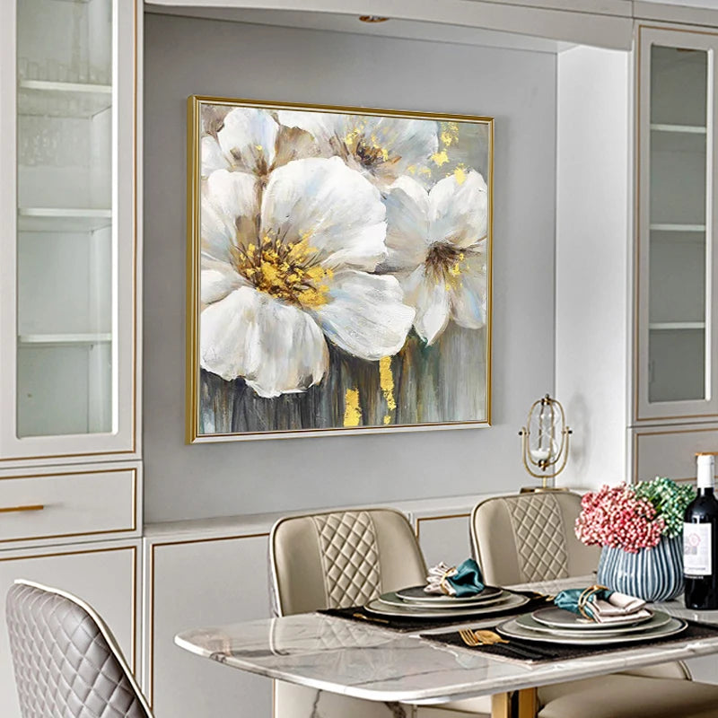 Handpainted Abstract Big White Flower Canvas Painting Modern Picture for Living Room Aisle Fashion Wall Art Picture Gifts