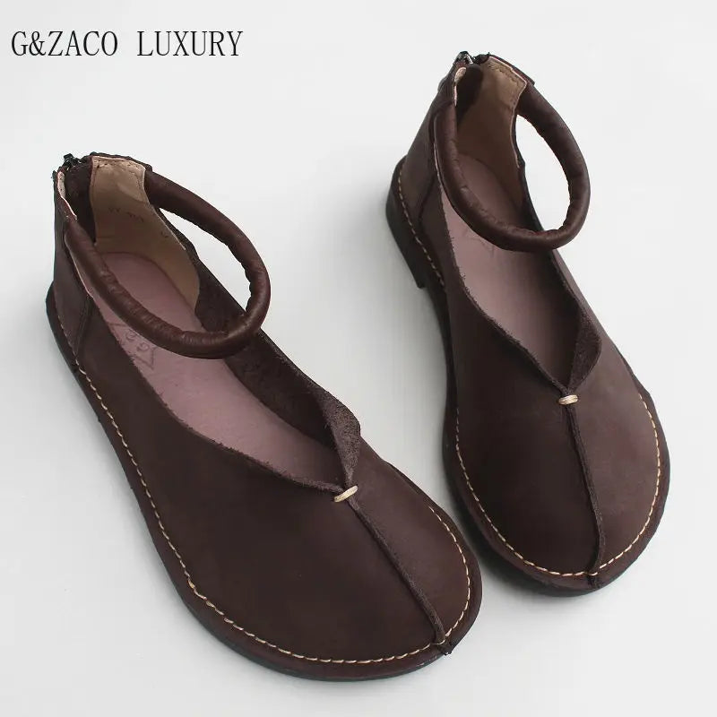 Retro genuine leather barefoot shoes big nose wide toe handmade cowhide flat soft sole autumn women's shoes Zero Drop Sole