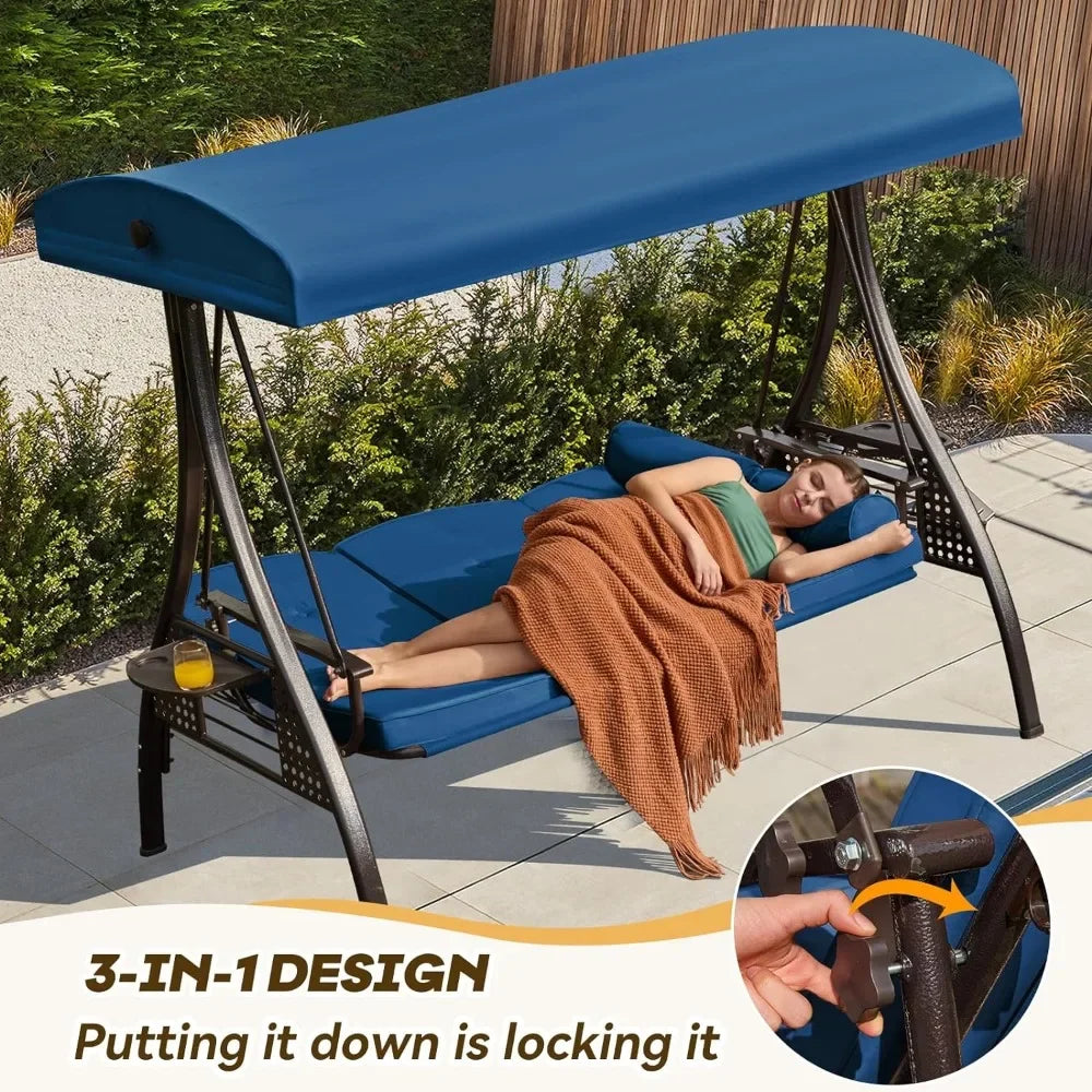 Swing Sets for Backyard with 3-Seat, Adjustable Canopy, Thickened Cushions,Pillows & Cup Holders, Outdoor Swing