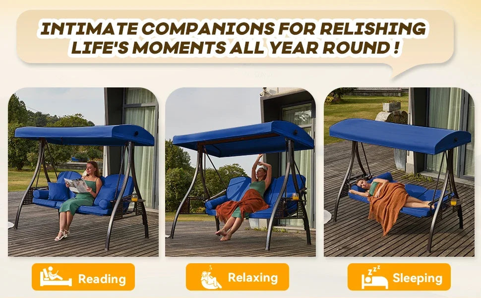 Swing Sets for Backyard with 3-Seat, Adjustable Canopy, Thickened Cushions,Pillows & Cup Holders, Outdoor Swing