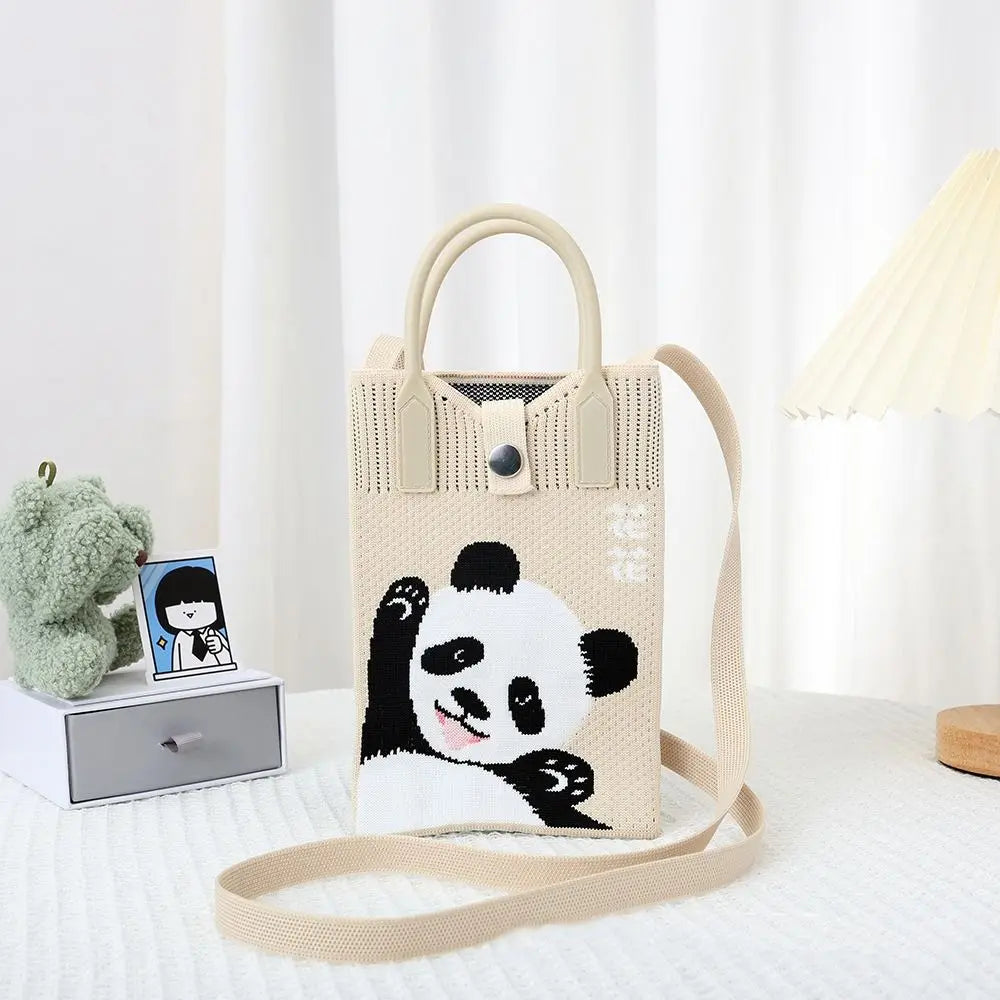 Easy To Carry Creative Mini Knit Handbag Cartoon Panda Huahua Knot Wrist Bag Reusable Large Capacity Hand Crocheted Bags Women