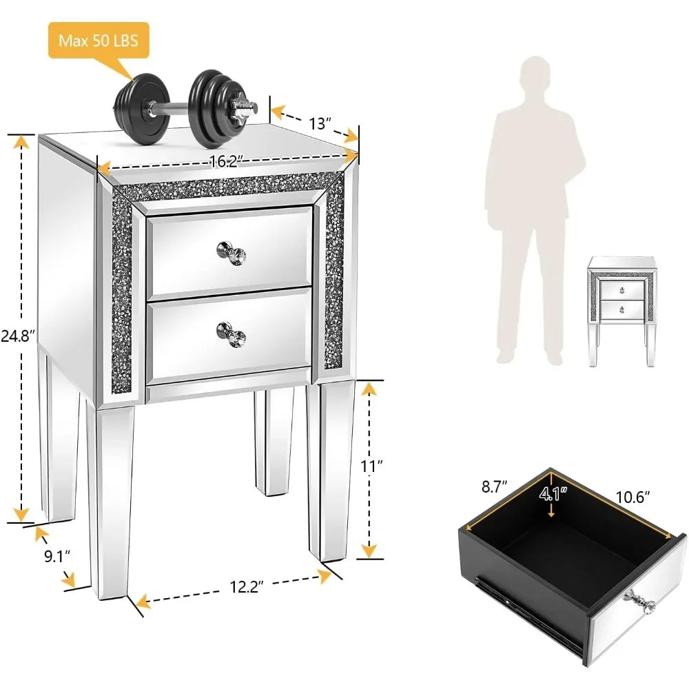 Mirrored Nightstand – Silver Glass End Table with Storage