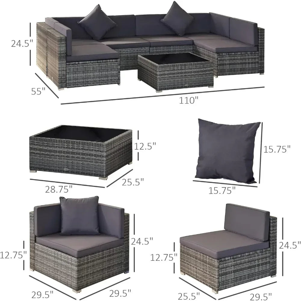 7-piece Patio outdoor all-weather PE rattan segmented sofa set, with soft cushion and tempered glass tabletop, gray