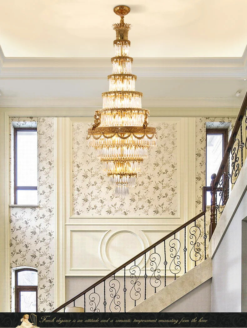 DINGFAN European Style Luxury Large Crystal Chandelier Villa Living Room Staircase Hotel Lobby Decorative Pendent Light