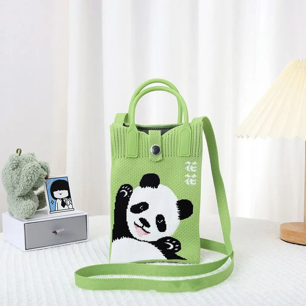 Easy To Carry Creative Mini Knit Handbag Cartoon Panda Huahua Knot Wrist Bag Reusable Large Capacity Hand Crocheted Bags Women