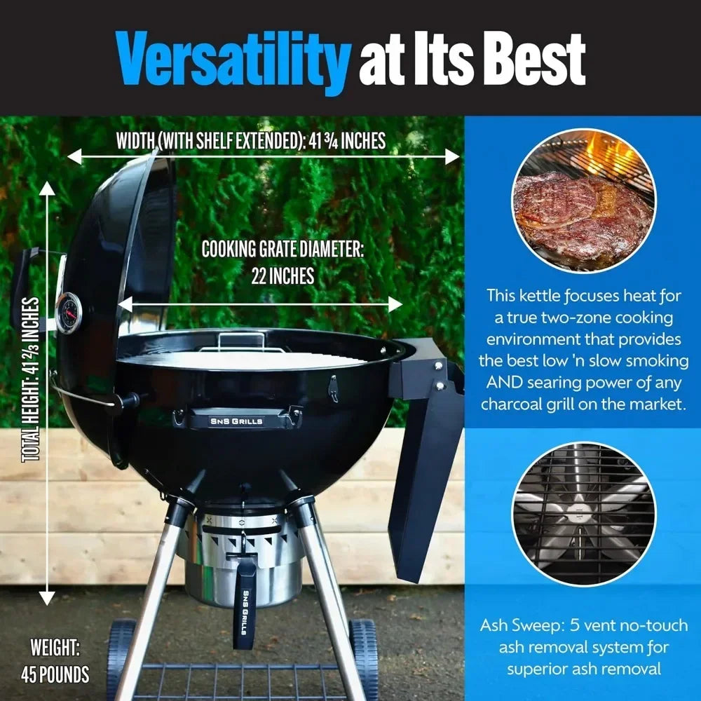 SnS Grills Kettle Grill with Deluxe Insert and Easy Spin Grate for Two-Zone Charcoal Grill Cooking,Smoking and BBQing