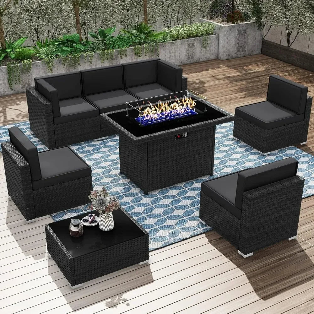 8 Piec Patio Furniture Conversation Sofa Set with 44" Propane Gas Fire Pit Table, Outdoor Sectional Black Rattan Wicker Sofa Set