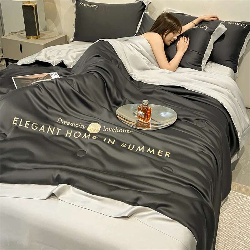 High-end Ice Silk Summer Blanket 4/3/1 Pcs Luxury Embroidered Cool Feel Summer Comforter Set Silky Fine Air Conditioning Quilt