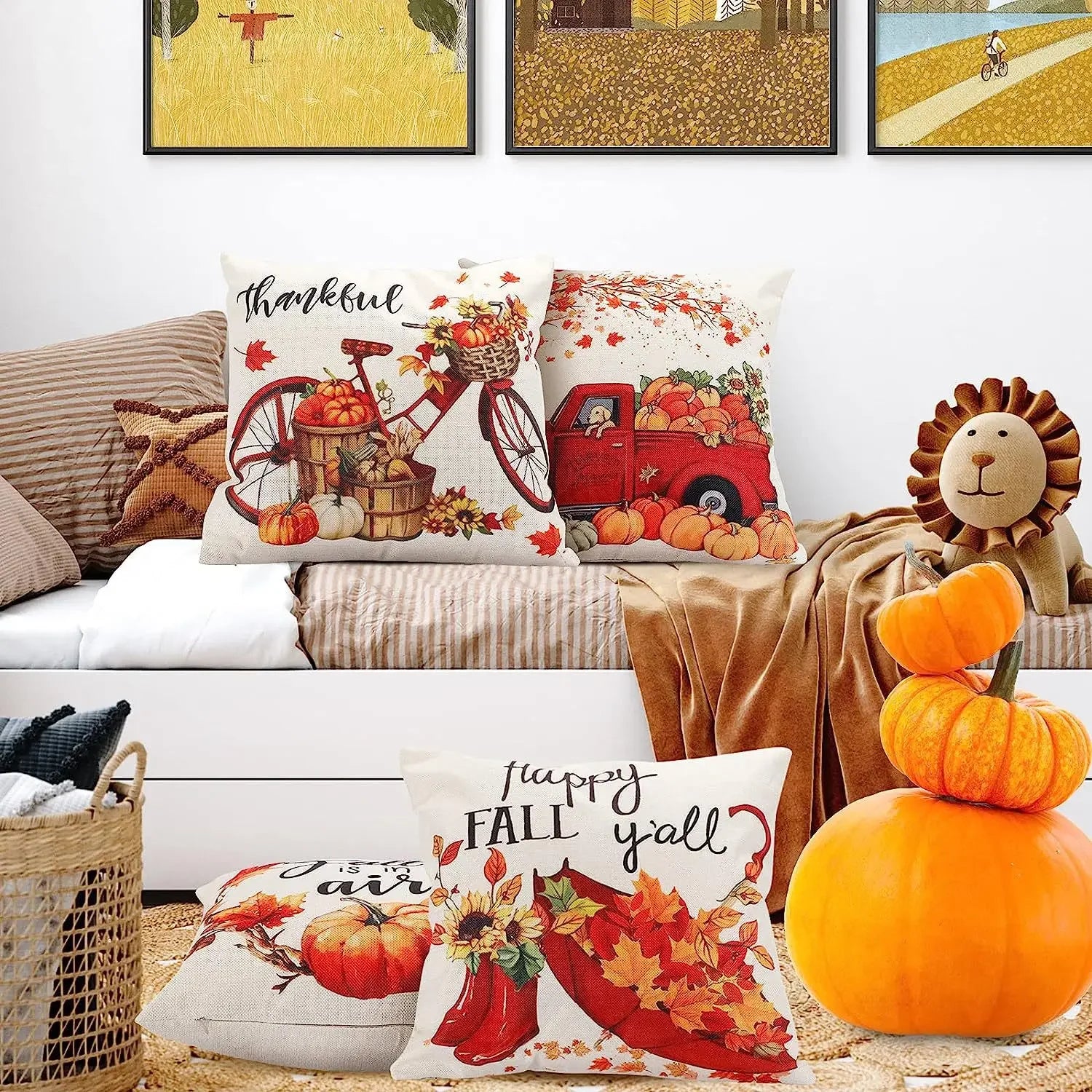 Autumn Pumpkin Cushion Cover Thanksgiving Decor Pillowcase 18x18 Inches Pillow Cover Maple Leaves Printed Cushion Case for Couch