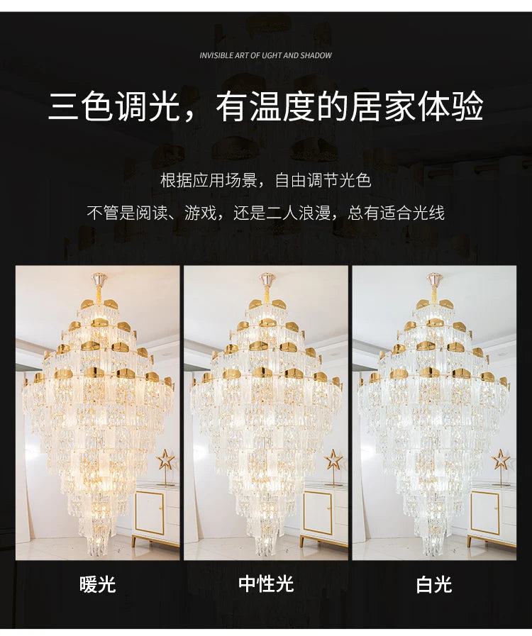 French duplex building chandelier luxury villa building middle floor empty and high light luxury crystal hall living room main