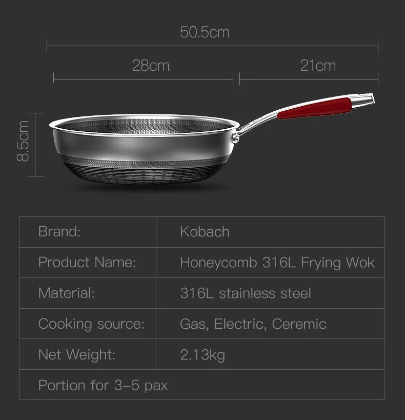 Non-stick wok 28cm 316L stainless steel frying pan chinese wok honeycomb nonstick bottom high end kitche kitchen cookware