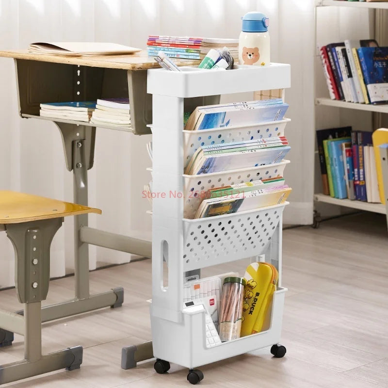 Household Desk Edge Floor Standing Movable Plastic Bookshelf With Pulley Student Book Office Storage Tool Multifunctional Shelf