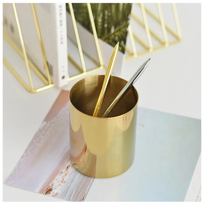 20pcs 400ml Nordic Style Brass Gold Vase Stainless Steel Cylinder Pen Holder for Desk Organizers Stand Pencil Pot Holder