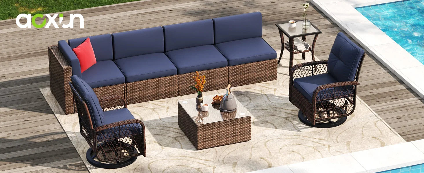 8-Piece Outdoor Patio Furniture Set -Sectional Wicker Rattan Conversation Set with Swivelling Chairswith Small physiques- Blue