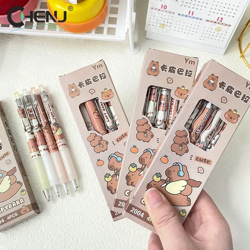 4Pcs Kawaii Cartoon Capybara Neutral Pens School Office Supplies Aesthetic Stationery Gifts Students Cute Ballpoint Pens