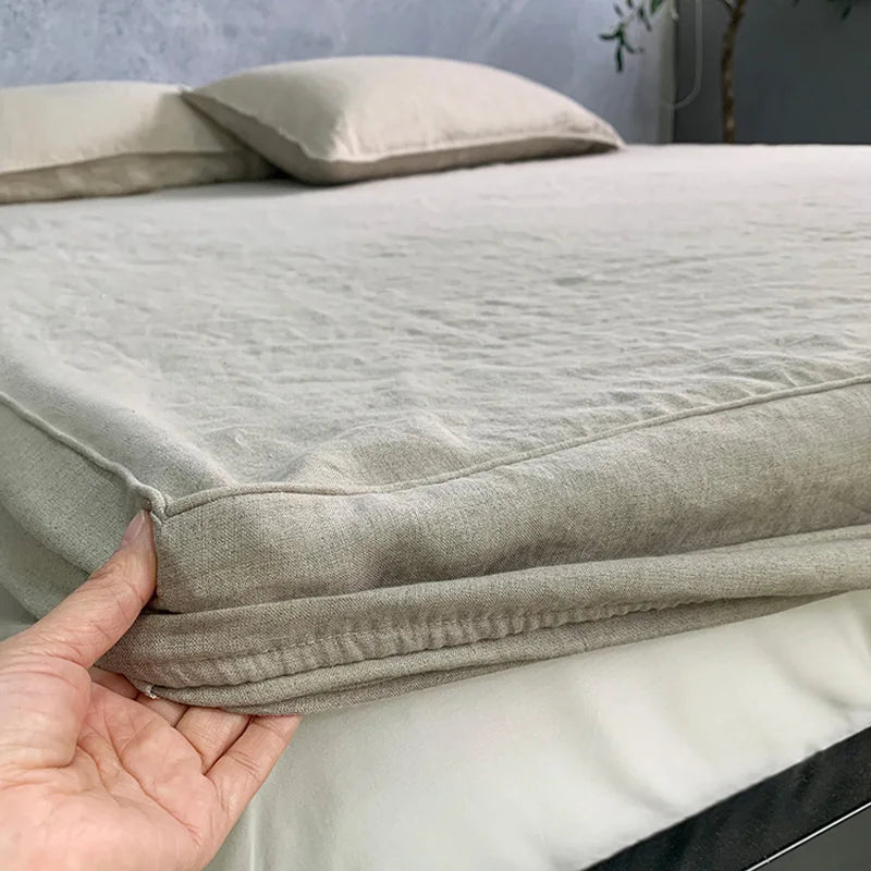 100% Linen Fitted Sheet Stone Washed Solid Color 1Piece Deep Pocket Mattress Cover Natural Soft and Breathable Farmhouse Bedding