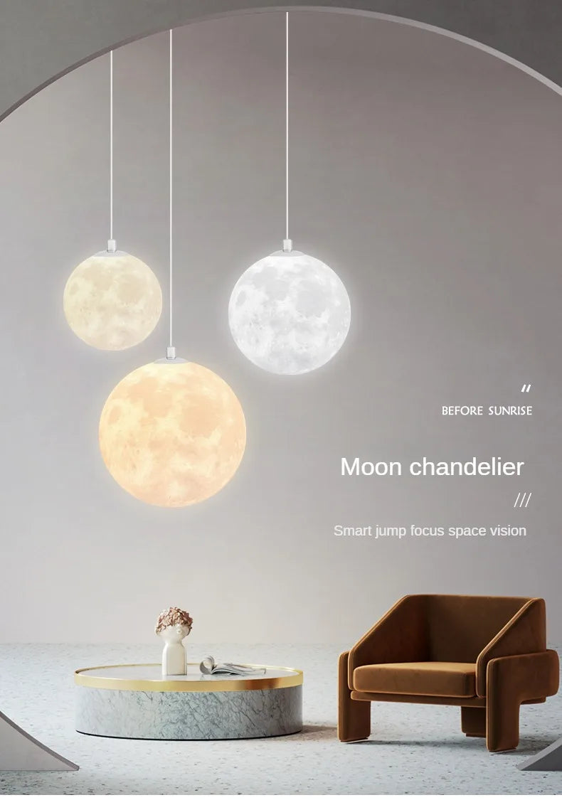 Modern LED Lunar Ceiling Chandelier Planet Shaped Moon Living Dining Room Pendent Lamp Home Decor Hanging Light Luster Fixtures