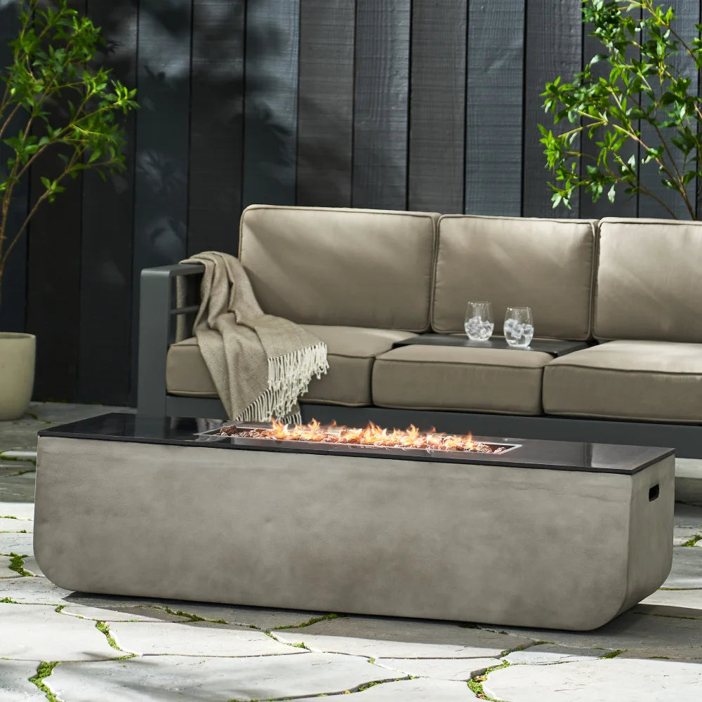 Contemporary Outdoor Fire Pit Table – Rectangular Design with Ceramic Surface & Integrated Lava Rock System