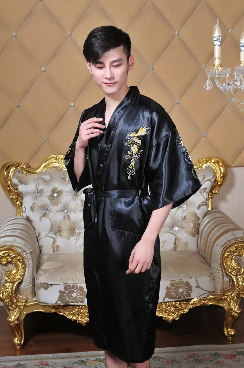 Chinese Style Robe Classical Embroider Dragon Kimono Man Homewear Long Bathrobe Satin Nightgown Loose Sleepwear Loungewear