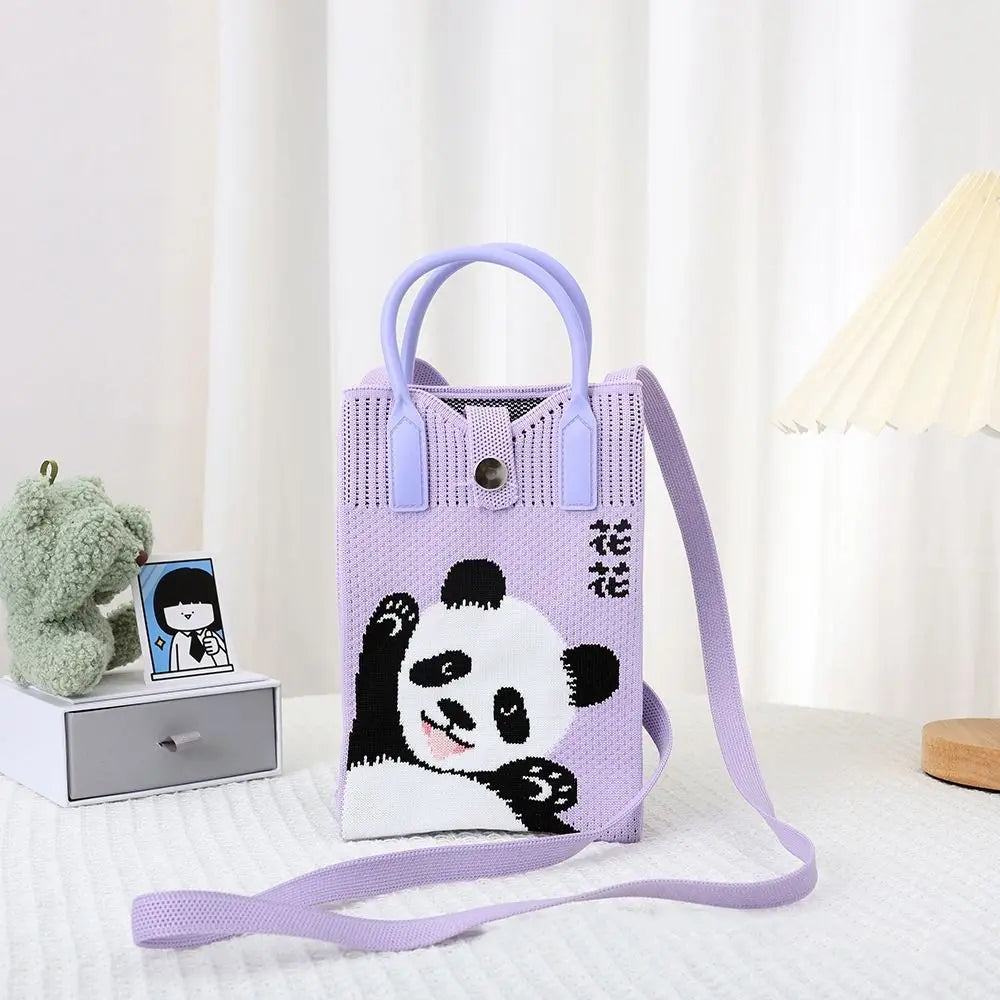 Easy To Carry Creative Mini Knit Handbag Cartoon Panda Huahua Knot Wrist Bag Reusable Large Capacity Hand Crocheted Bags Women