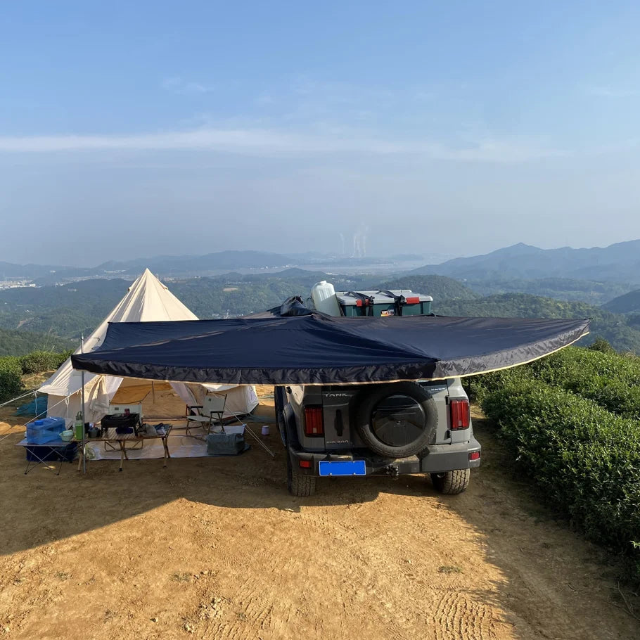 Outdoor self-driving five-angle 270-degree awning with cloth on the top side and double-axis fan-shaped tent with curtain a