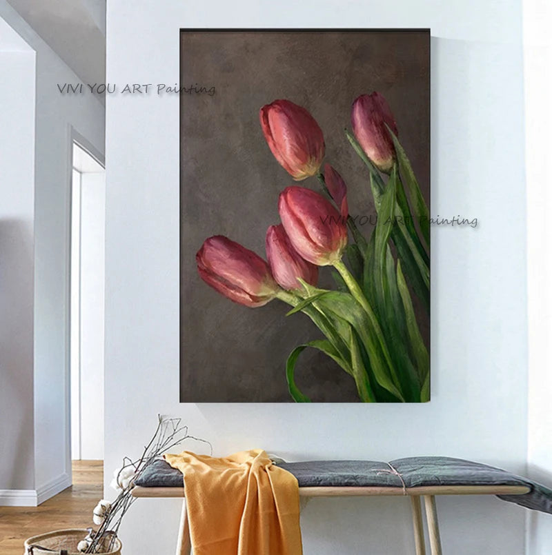 The New Handmade Flora Oil Painting On Canvas Creative Pink Tulip Wall Art Red Flower Oil Picture For Living Room Decoration