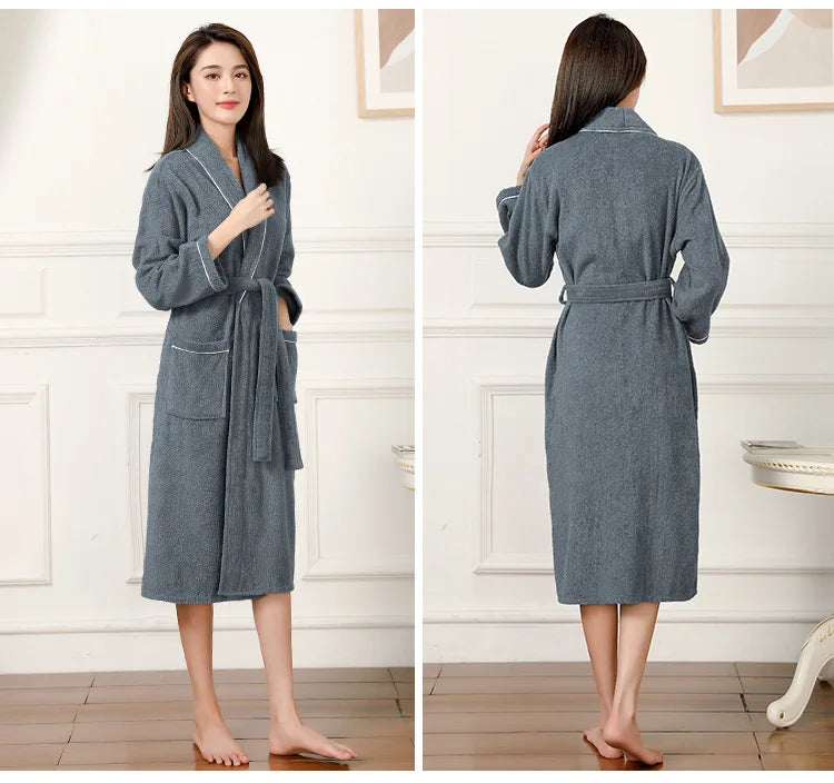 100% Cotton Couples Long Thick Absorbent Terry Bath Robe Kimono Men Light Weight Towel Bathrobe Sleepwear Women Hotel Gown Robes