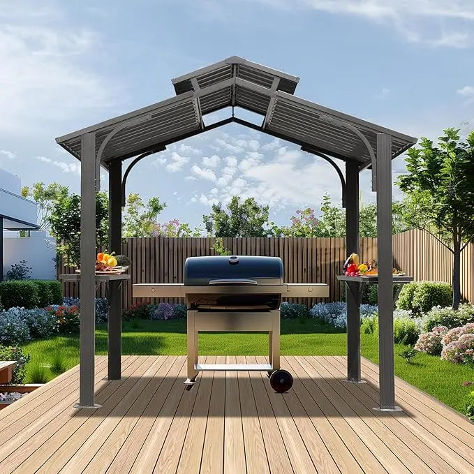 Hardtop Outdoor Grill Shelter with Ventilated Roof, Storage Cabinets, and Adjustable Hooks