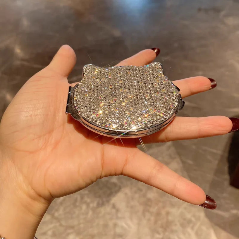 Luxury cosmetic mirror artificially diamond-encrusted cat folding HD double-sided mini portable