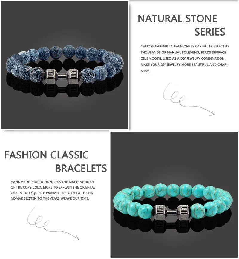 Lava Bracelet Black Volcanic Stone black Matte Dumbbell Beads Bracelets For Women Men Fitness Barbell Jewelry Mens Bracelets