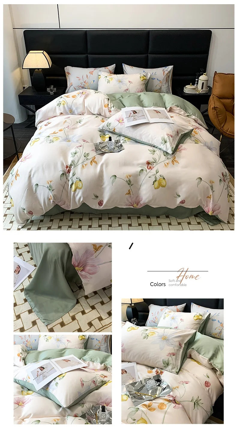 Summer Lyocell Fiber Fabric Comfortable Breathable Bedding Set Duvet Cover Linen Fitted Sheet Pillowcases Home Textile