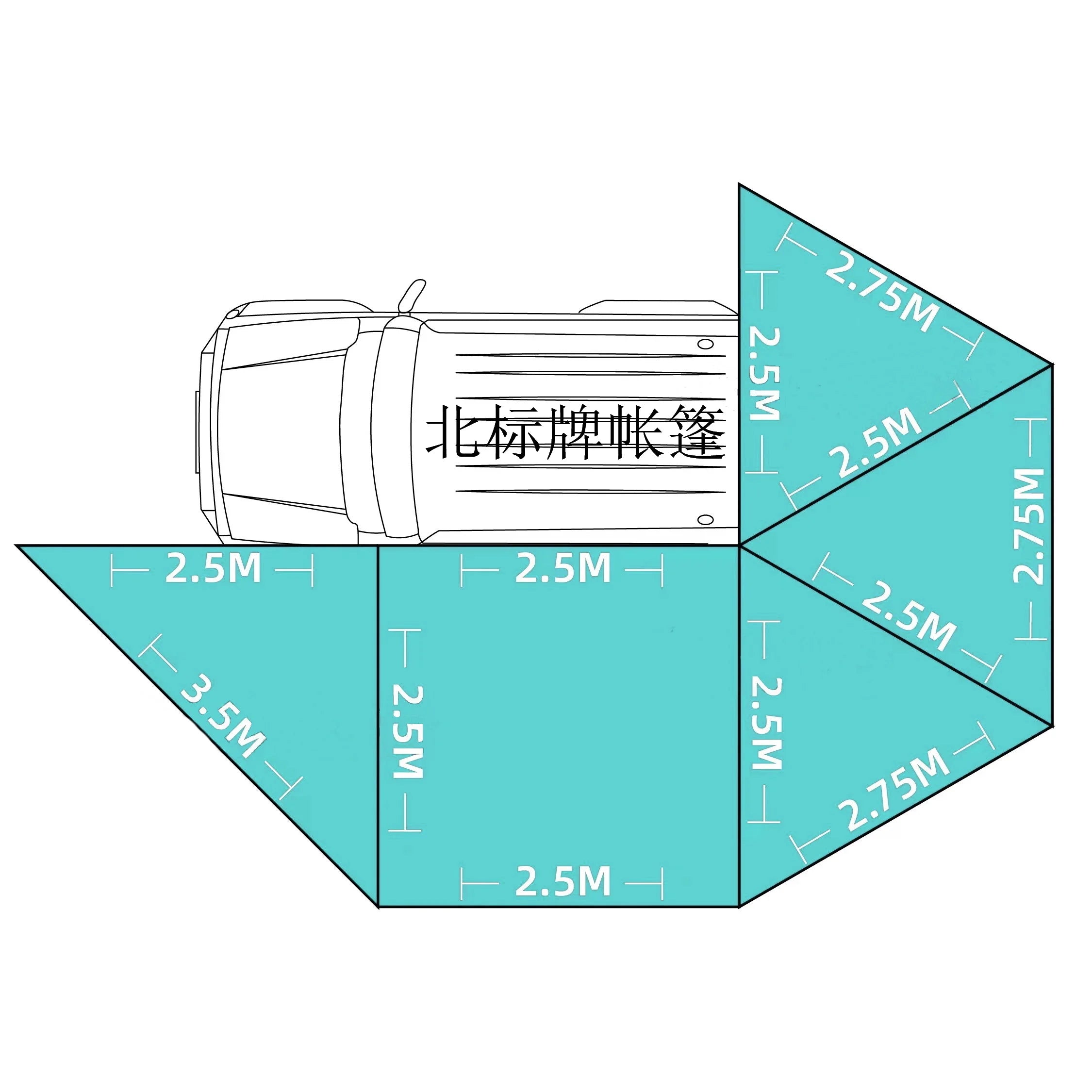 Outdoor self-driving five-angle 270-degree awning with cloth on the top side and double-axis fan-shaped tent with curtain a