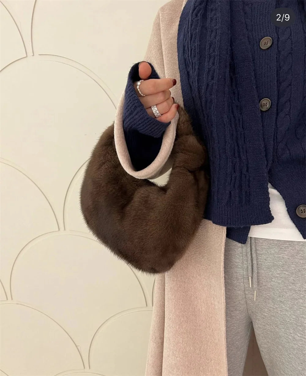 Designer Real Mink Fur Handbag Women's Soft Real Fur Weaving Knotting Handbags Women Party Evening Handbag Ladies Bag Real Fur