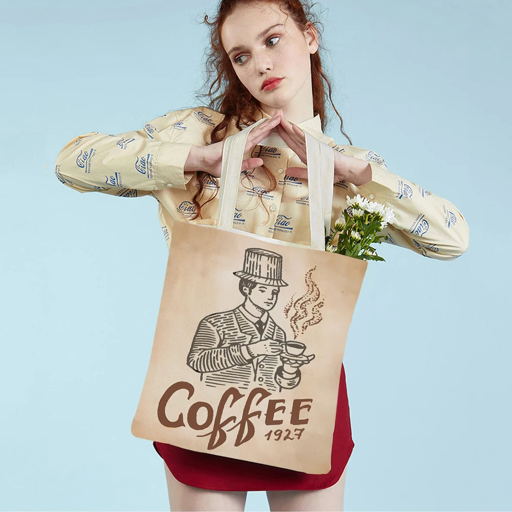 Elegant Coffee Caffeine Arabica Beans Retro Women Shopping Bags Canvas Tote Lady Handbag Reusable Foldable Shopper Bag