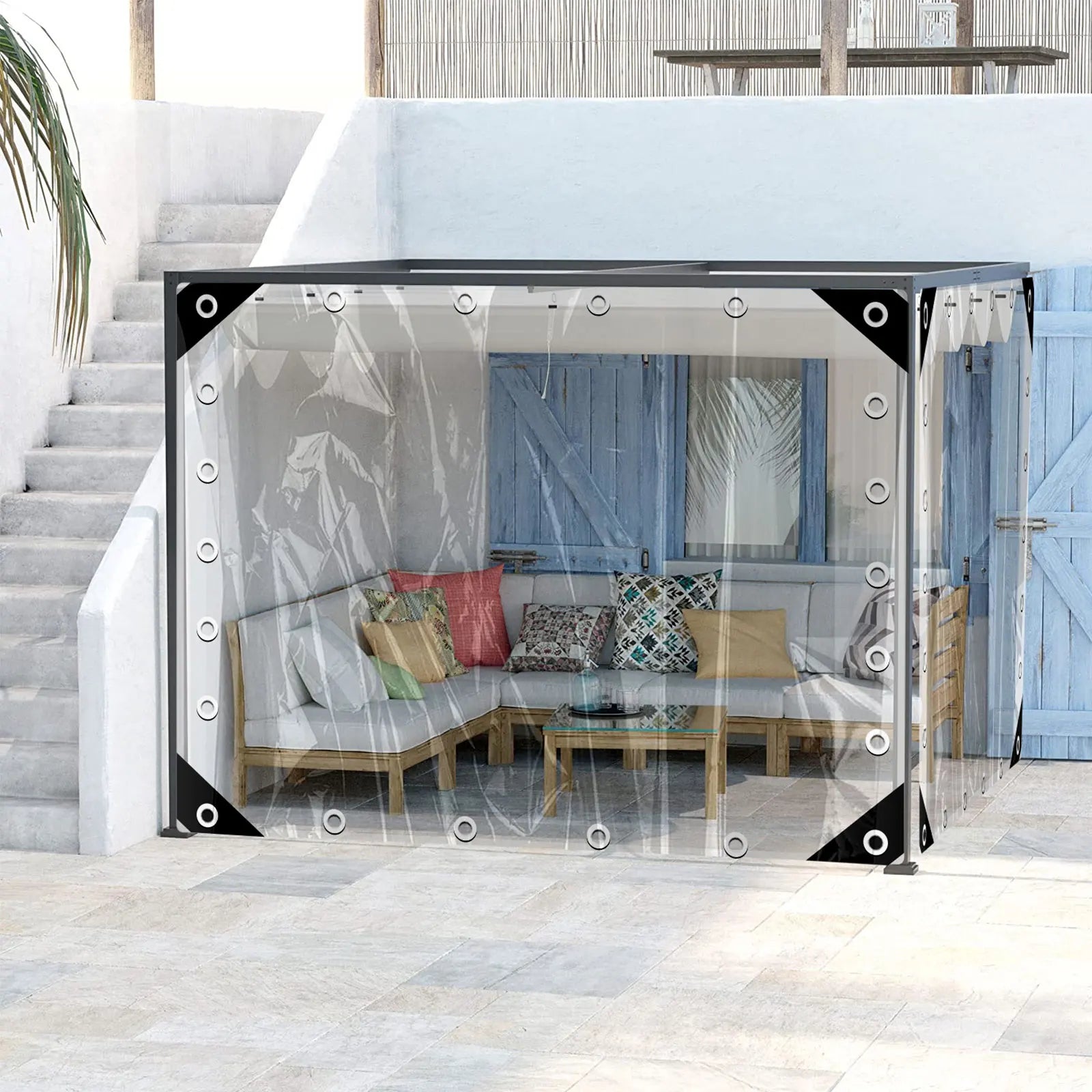 Waterproof Transparent PVC Tarpaulin with Eyelets Weatherproof Durable Canopies Foldable 0.39 mm Rain Cover for Garden Furniture