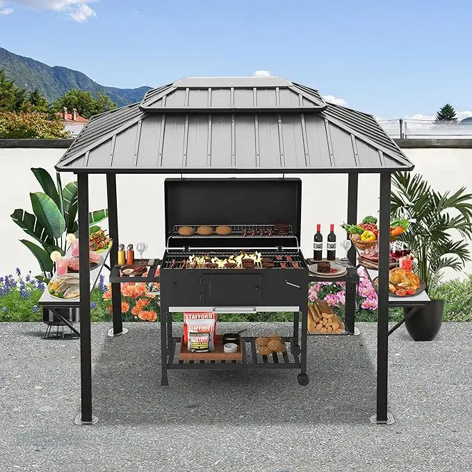 Hardtop Outdoor Grill Shelter with Ventilated Roof, Storage Cabinets, and Adjustable Hooks