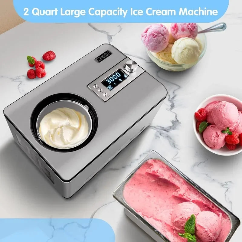 Home Kitchen Ice Cream Maker with Compressor, No Pre-Freezing, Stainless Steel Ice Cream Maker Machine with LCD Display, Timer