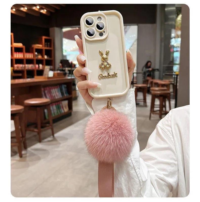 3D Rabbit Phone Case For Samsung Galaxy S24 S23 S22 S21 Ultra Plus FE A52 A32 A53 A13 A33 A52 A34 Plush Wristband Silicone Cover