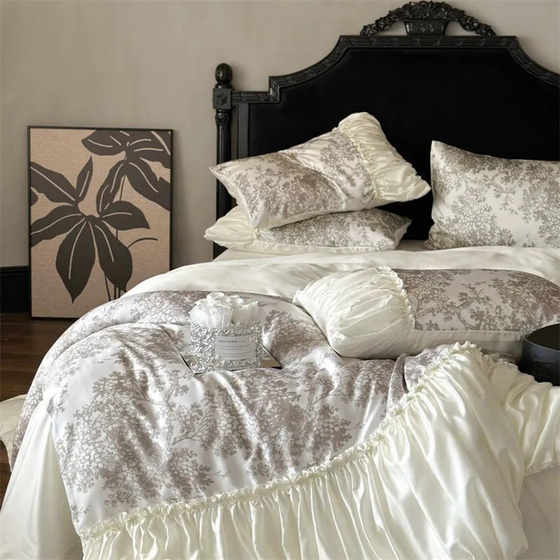 Luxury Lyocell Fabric Princess Lotus Leaf Edge Bedding Set Duvet Cover Linen Fitted Sheet Pillowcases Home Textile