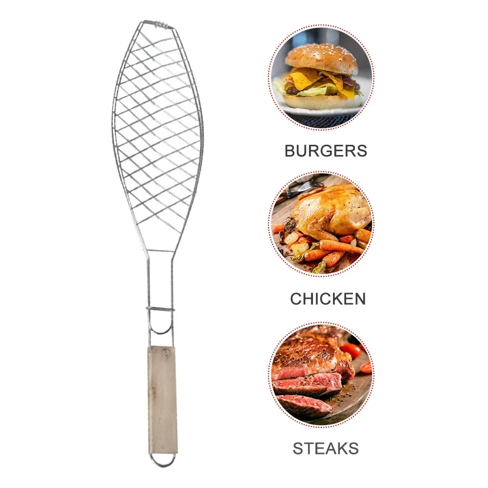 Barbecue Fish Grill Basket Stainless Steel Wired Grill with Wooden Handle BBQ Outdoor Kitchen Tools Portable Grilling Cookware