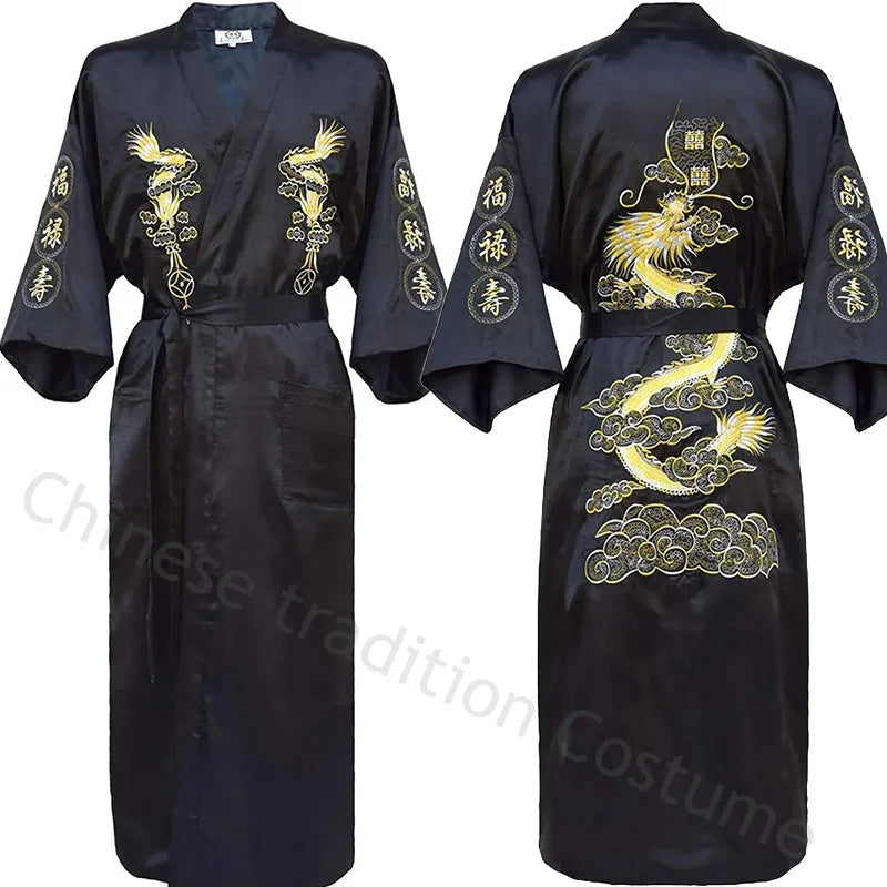 Chinese Style Robe Classical Embroider Dragon Kimono Man Homewear Long Bathrobe Satin Nightgown Loose Sleepwear Loungewear