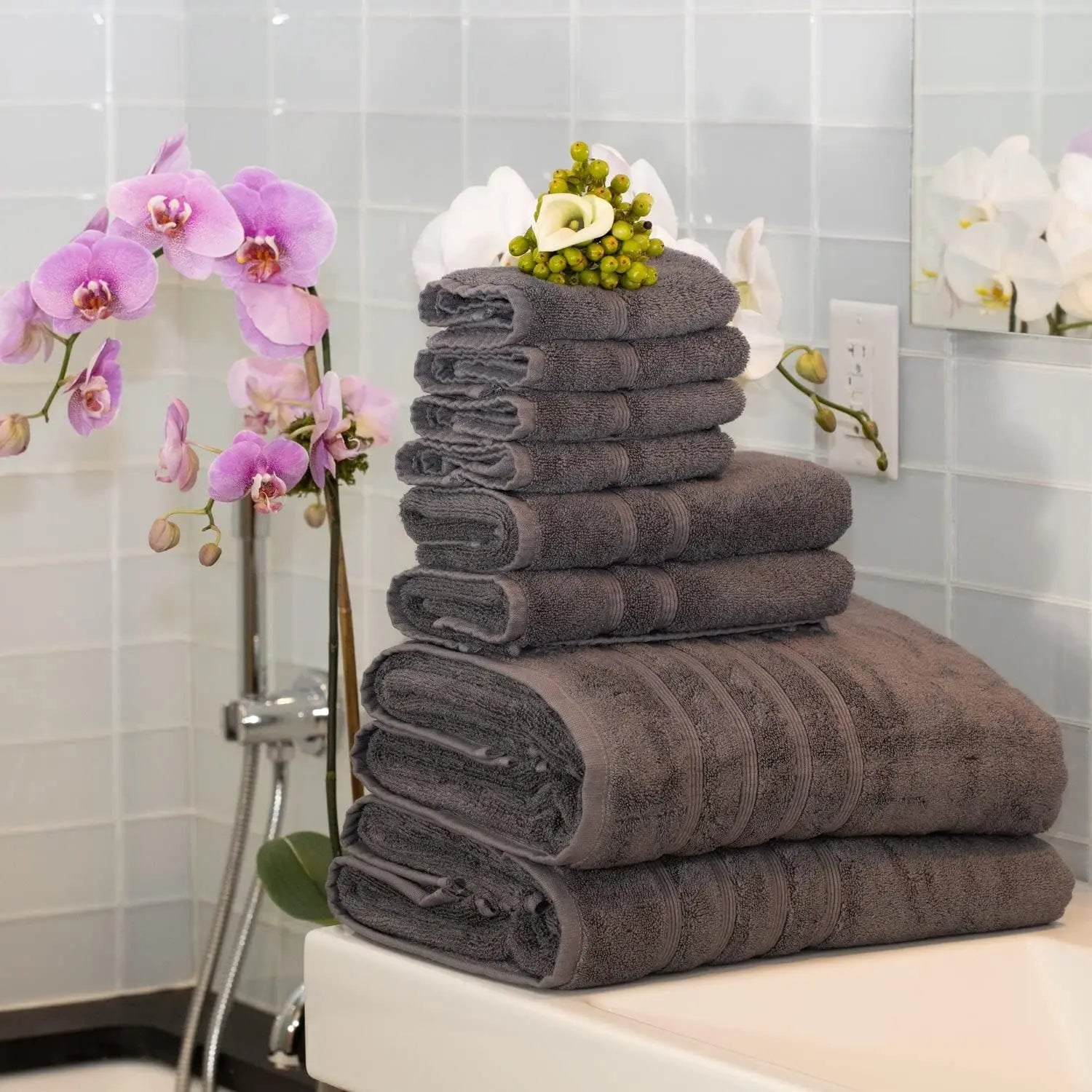 Luxury Turkish 14pc XL Deluxe Bath Bundle Body Hand Face Towel and Mat Charcoal Gray (Dark Grey) 700 GSM & 1000 GSM Bamboo Visco