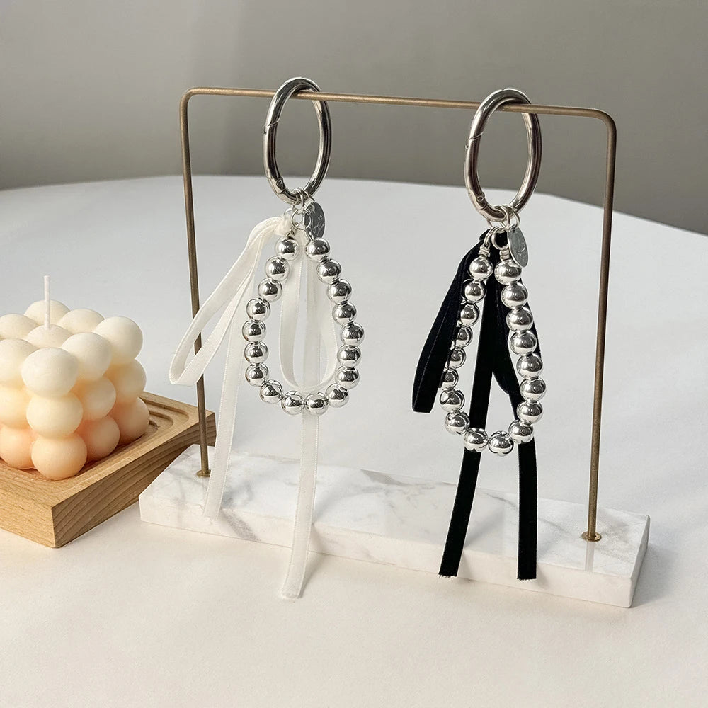 Elegant Pearls Ribbon Bowknot Bag Hanging Decoration Mobile Phone Keychain Luxury Retro Beads Key Rings Jewelry Girl Accessories