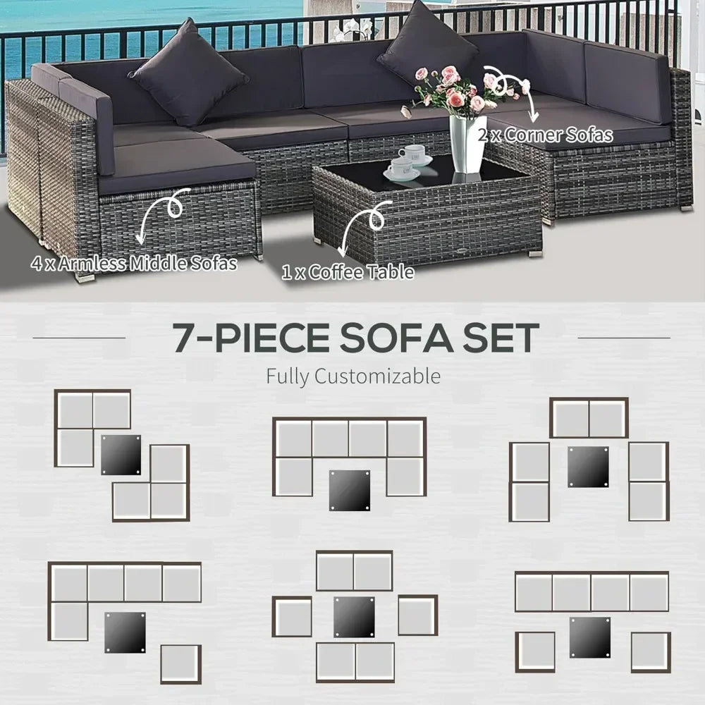 7-piece Patio outdoor all-weather PE rattan segmented sofa set, with soft cushion and tempered glass tabletop, gray