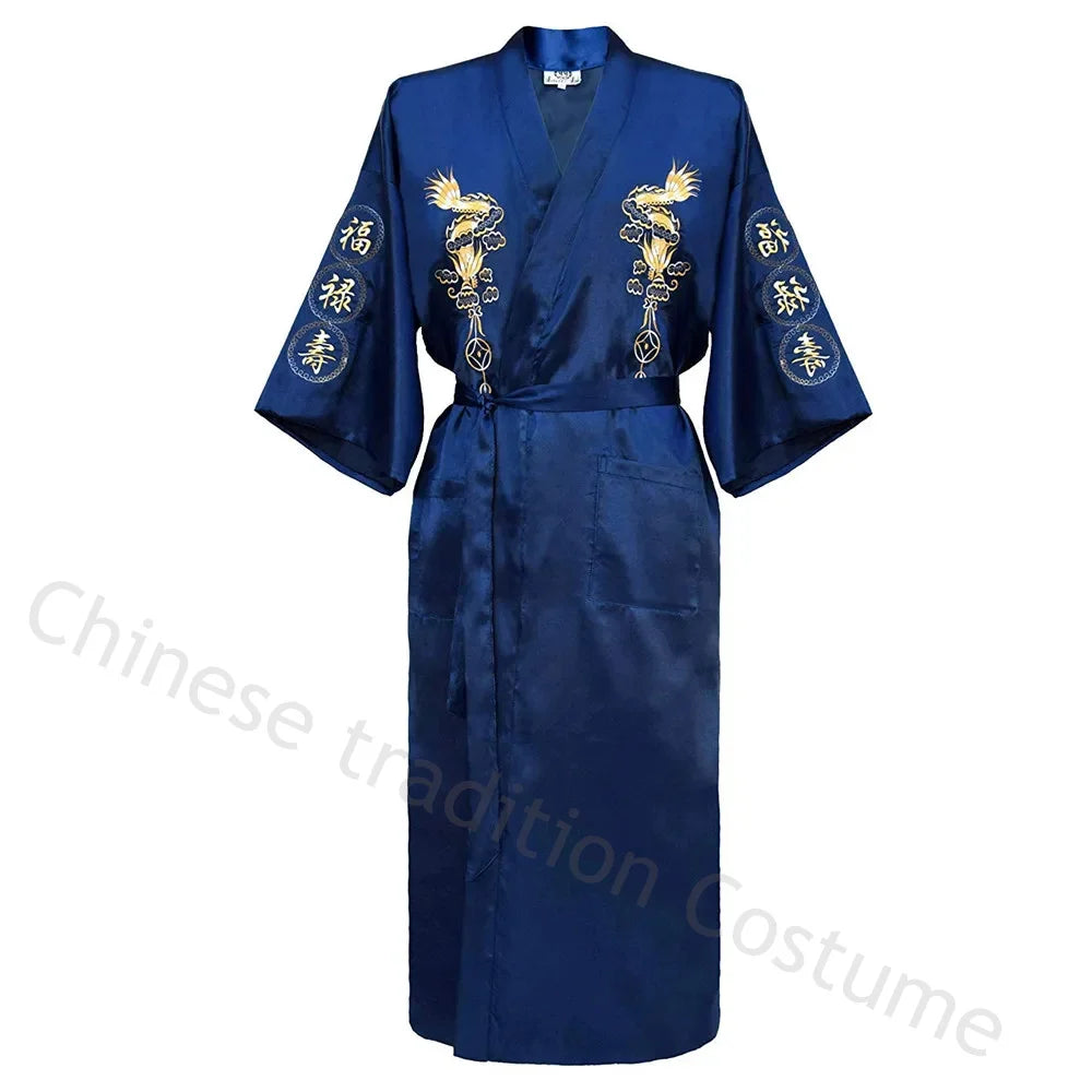 Chinese Style Robe Classical Embroider Dragon Kimono Man Homewear Long Bathrobe Satin Nightgown Loose Sleepwear Loungewear